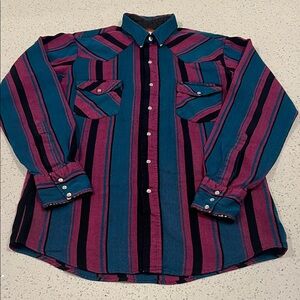 Vintage Teal and Pink Striped Casual Button Down Shirt